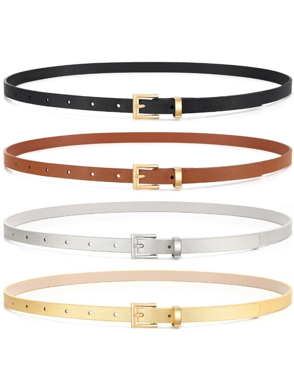 Set of 4 Women's Skinny Leather Belts - Thin Waist Belts with Metal Buckle for